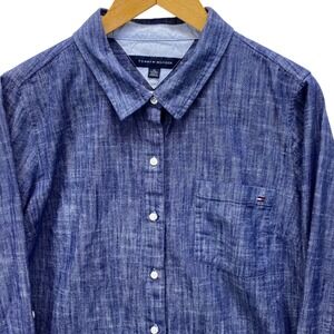 Tommy‎ Hilfiger Chambray Button Down Shirt Womens XL Roll Tab Long Sleeve Cotton